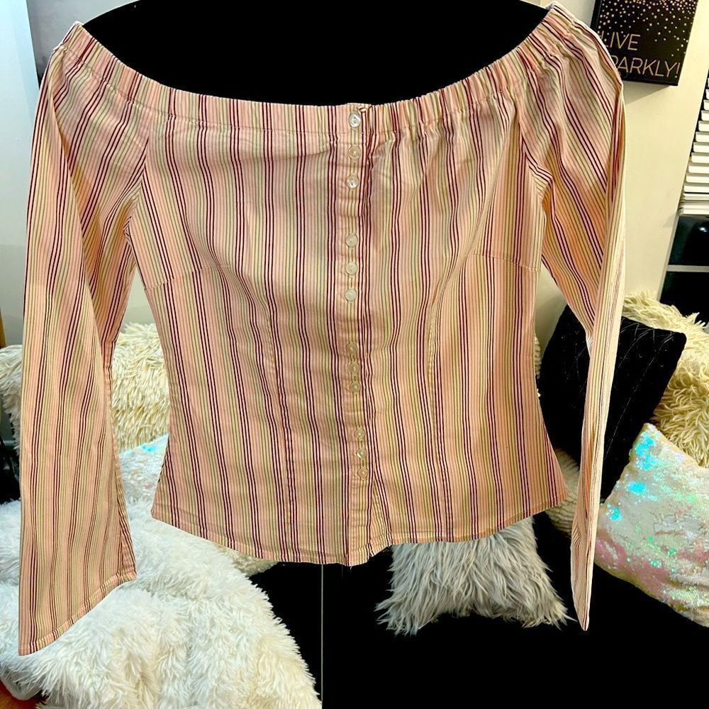Striped Off-Shoulder Women's Dress Shirt button up,‎ flare sleeve